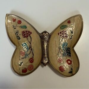 Vintage hefty solid brass cloisonné enamel butterfly trinket tray